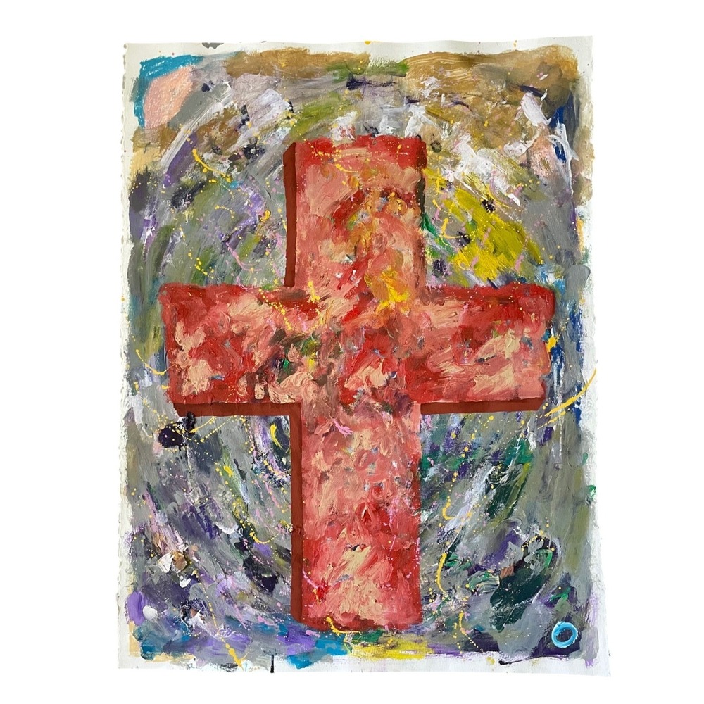 Original Abstract Cross Painting by O Red Religious Expressionist Wall Art 23x30
